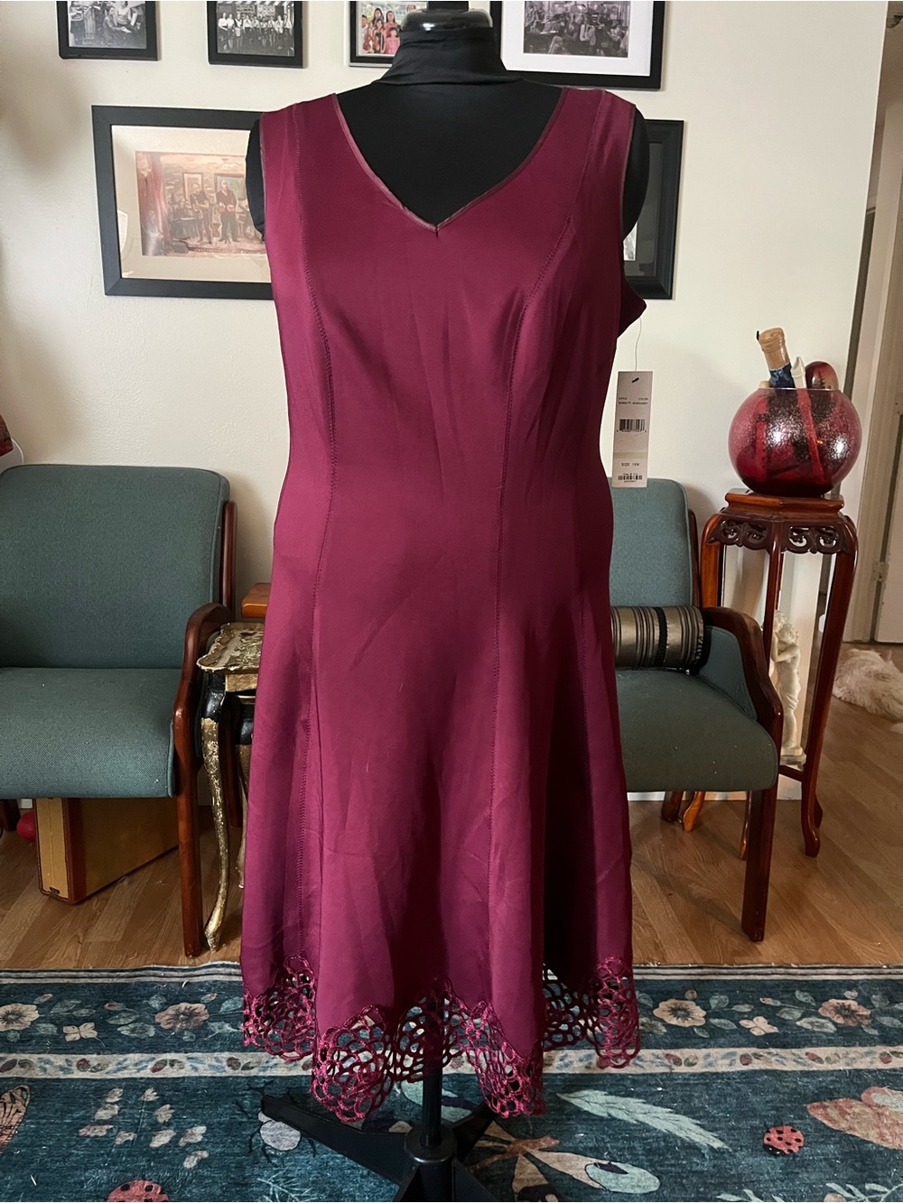 Dia & Co Sleeveless Burgundy Midi Dress with Laser-Cut Hem